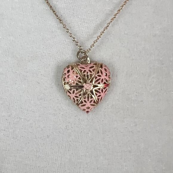 Gold Tone Adjustable Chain Necklace with Pink Floral Heart Pendant Charm - Picture 3 of 5